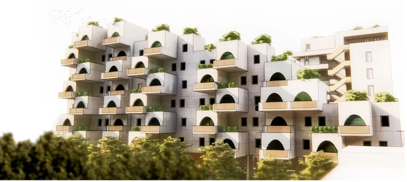 Physical model showing tiered housing blocks with arched balconies and planted terraces