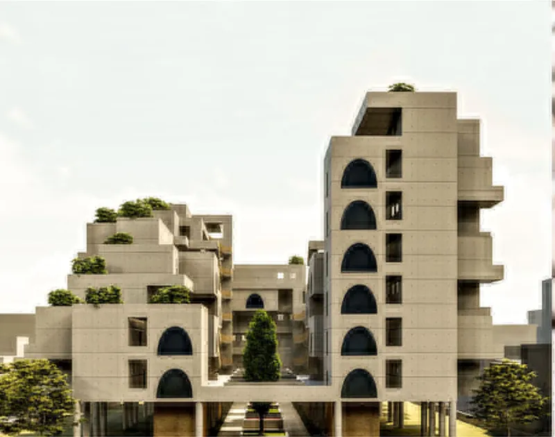 Physical model section revealing stacked units with arched voids and rooftop vegetation