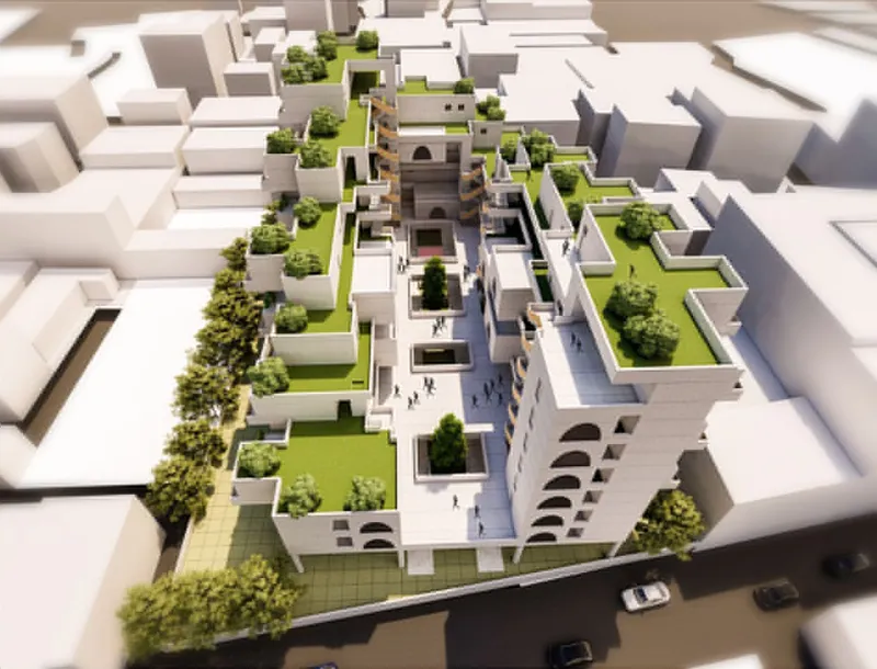 Aerial view of the physical model set within a white urban context