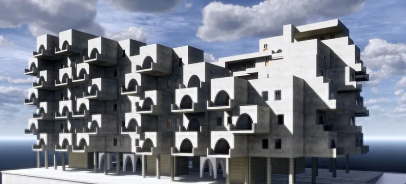 Corner perspective of the modular concrete volumes with arched openings under cloudy skies