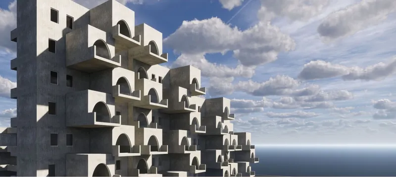 Stacked concrete facade with arched openings against a blue sky with white clouds