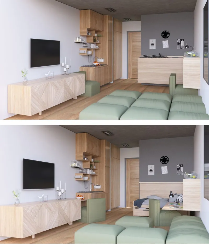 Open plan living space with light wood cabinetry, sage green seating and exposed concrete ceiling