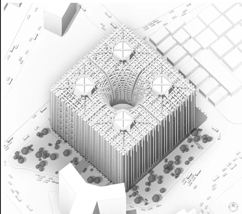 Axonometric drawing showing a square mass with vertical ribbed facades and four circular courtyards surrounding a central void