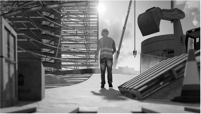 Construction worker walking among timber beams and crane equipment under bright sunlight
