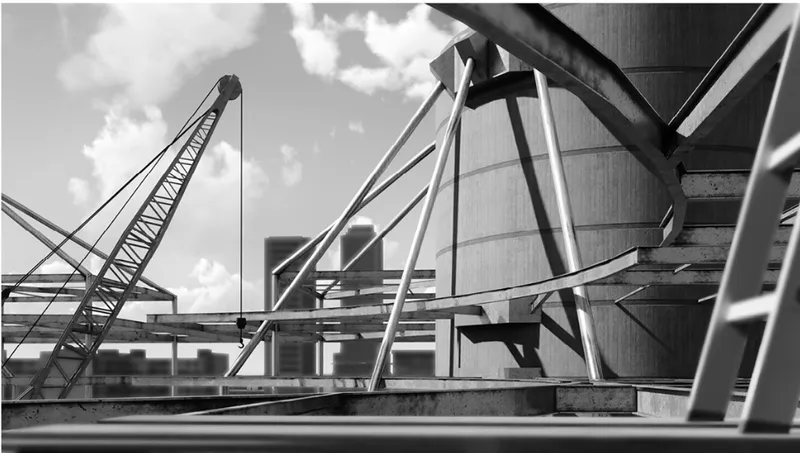 Concrete structural frame with diagonal bracing and crane boom against a cloudy sky