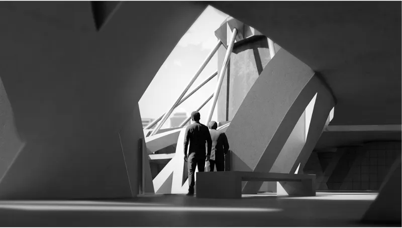 Two figures ascending a sunlit staircase framed by angled concrete walls and shadows