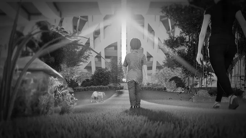 Child standing in a garden courtyard with residential facade and trees in bright backlight