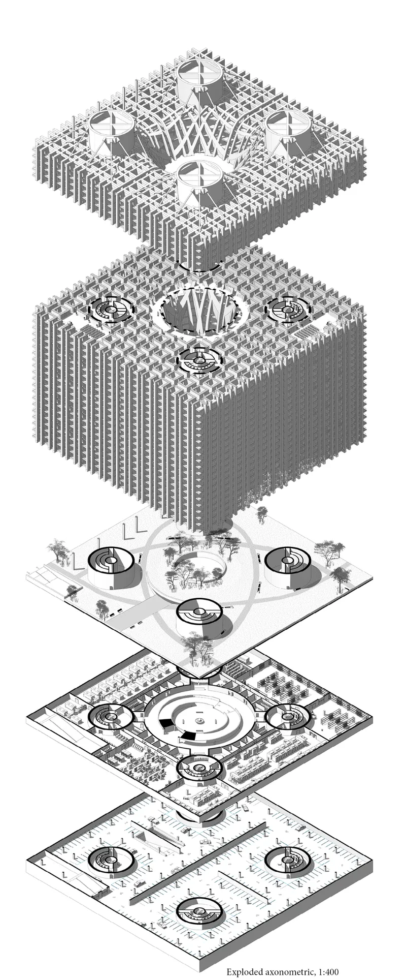 Exploded axonometric drawing showing five stacked levels with central courtyard and perimeter colonnades