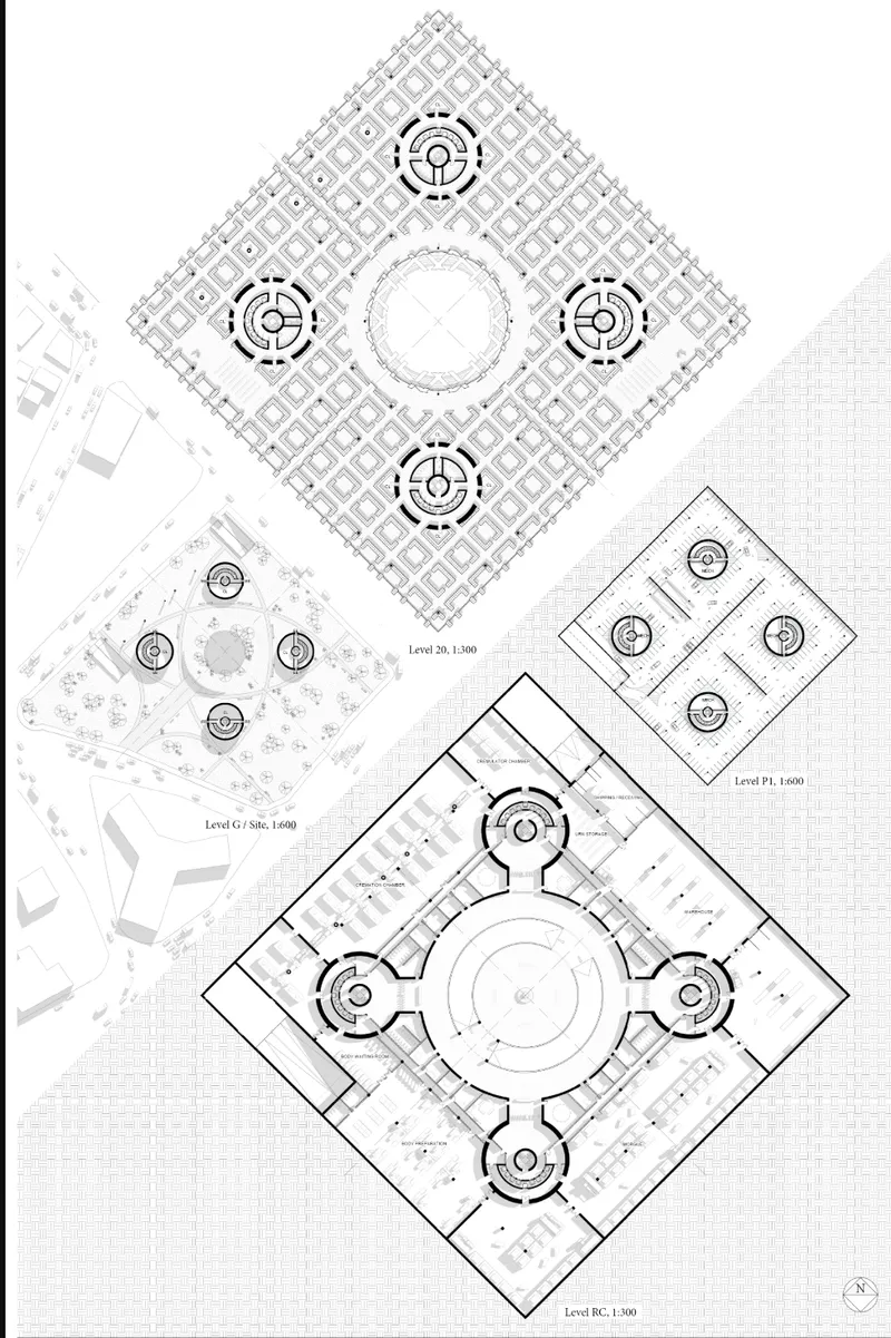 Floor plan drawings showing four levels with circular courtyards arranged around central and satellite voids