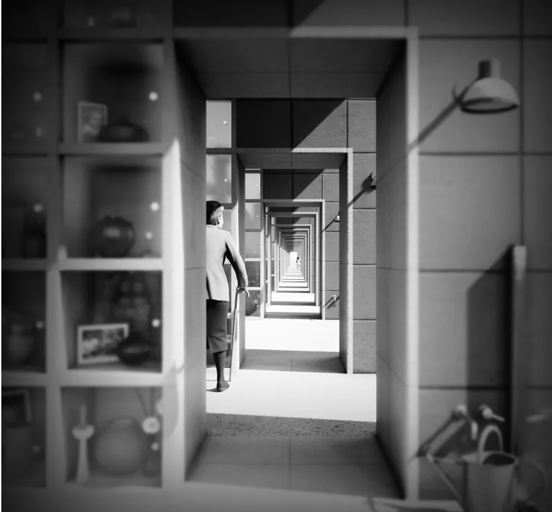 Colonnade corridor with geometric concrete beams and a figure holding a bag in bright sunlight