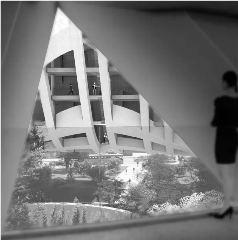 View through a triangular opening toward angular concrete facade with figures on balconies and garden below