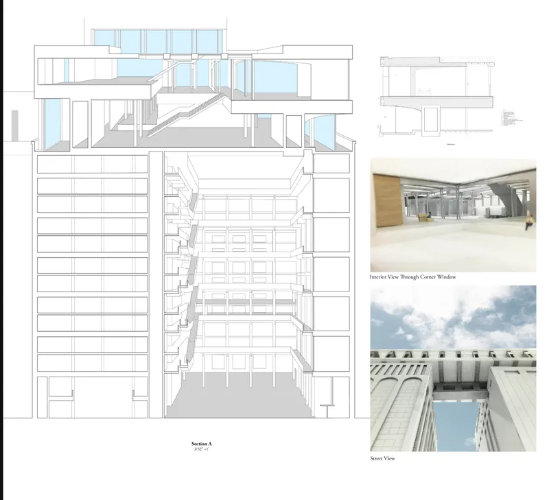 Section drawing showing vertical circulation and bridge connections between buildings with interior perspectives and street view