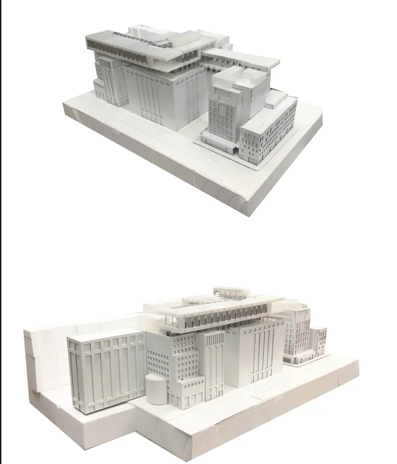 Physical model depicting the massing of multiple interconnected buildings with vertical facade articulation from two viewpoints