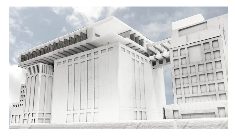Physical model showing the white facade with vertical panels and an overhanging pergola structure under cloudy skies
