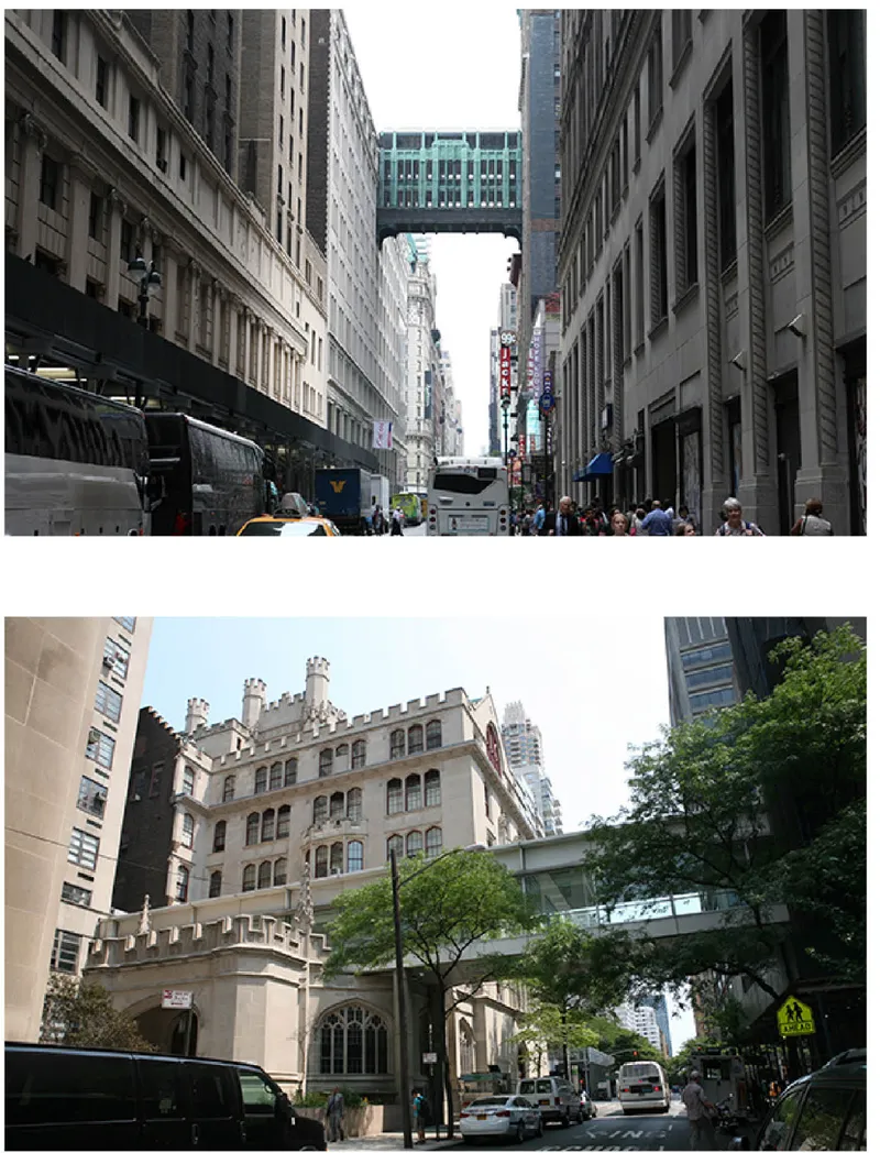 Elevated pedestrian bridge spanning the street between two masonry buildings with street traffic below