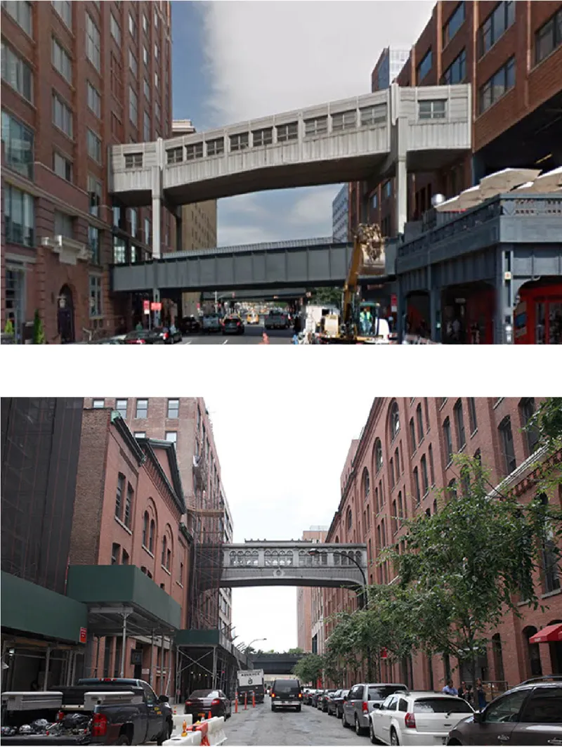 Concrete bridge structures crossing between brick residential buildings with parked cars along the street