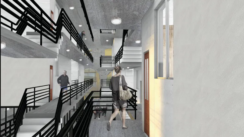 Interior corridor with black metal railings and bridges connecting multiple levels with figures walking