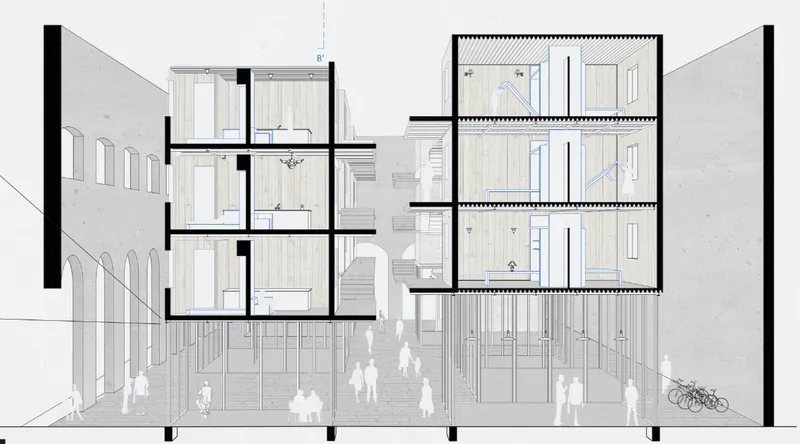 Section drawing showing residential units inserted within an existing arched arcade structure above a public ground floor