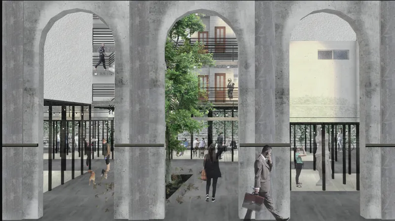 Ground floor arcade with concrete arches framing views to a central courtyard with greenery and pedestrians