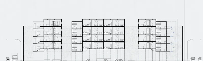 Elevation drawing depicting three residential blocks with repeating unit layouts and central circulation cores
