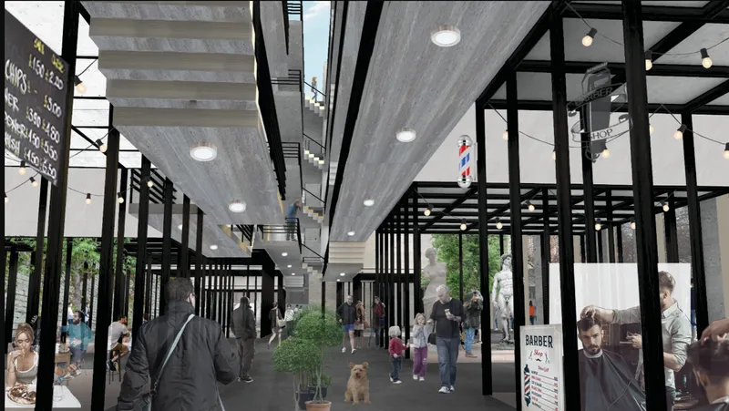 Covered street with black structural frames and concrete ceiling panels with pedestrians and a barber pole