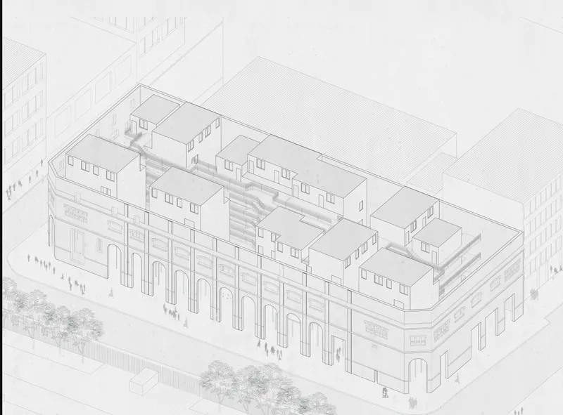 Axonometric drawing showing a block with arched facade and stacked residential volumes behind it