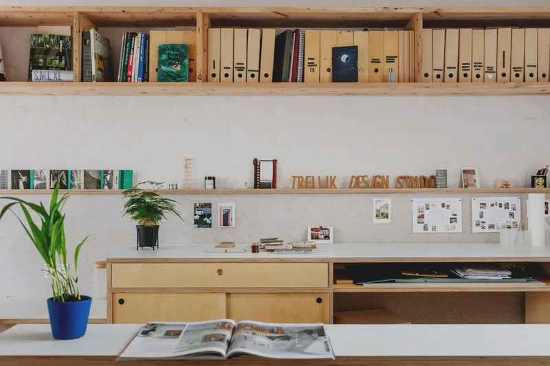 Open timber shelving above a white desk with books, binders, and a potted plant in a blue planter