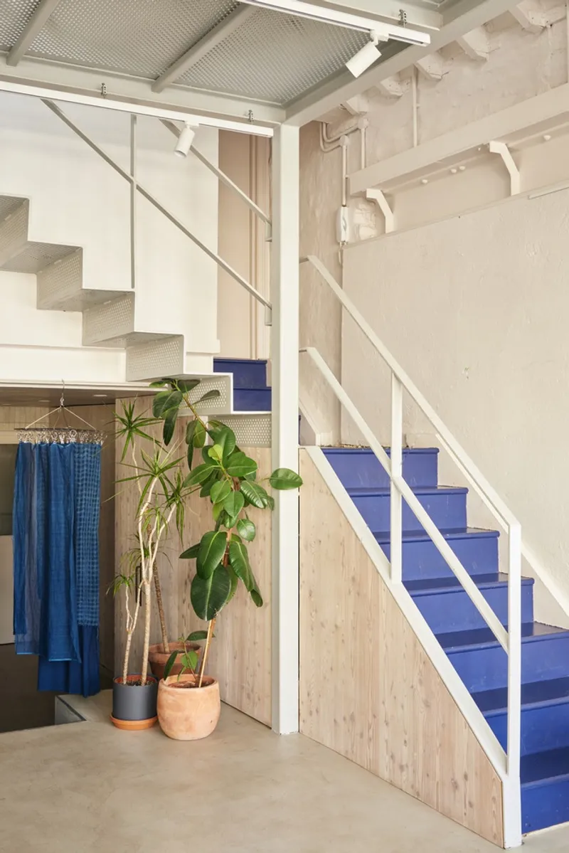 Two staircases with blue treads meet at a landing beside potted plants and a drying rack