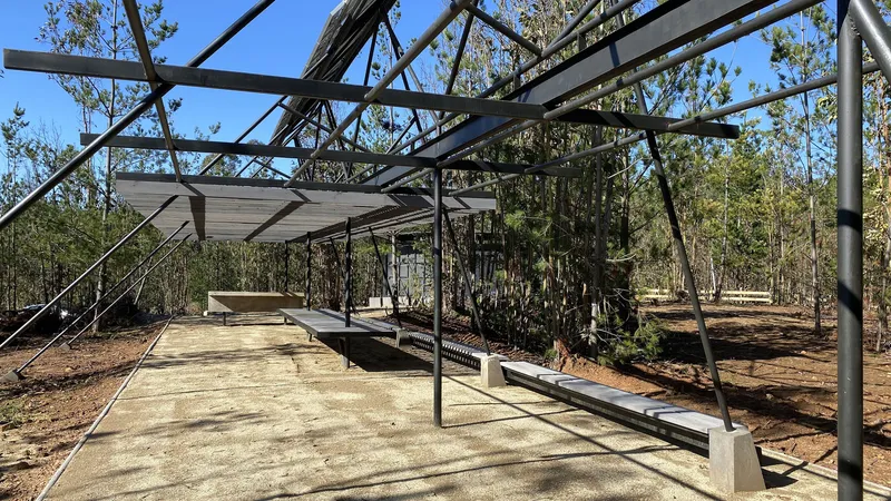 Interior perspective beneath the canopy with bench seating and crossing steel members overhead
