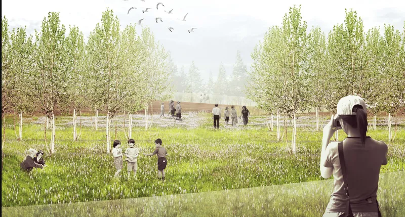 Rendering of a wildflower meadow with rows of young trees and visitors scattered across the grass