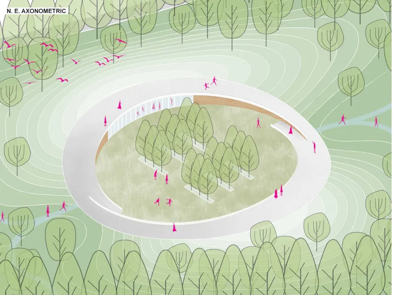 Axonometric drawing showing an oval enclosure with central grove surrounded by contoured landscape and perimeter trees