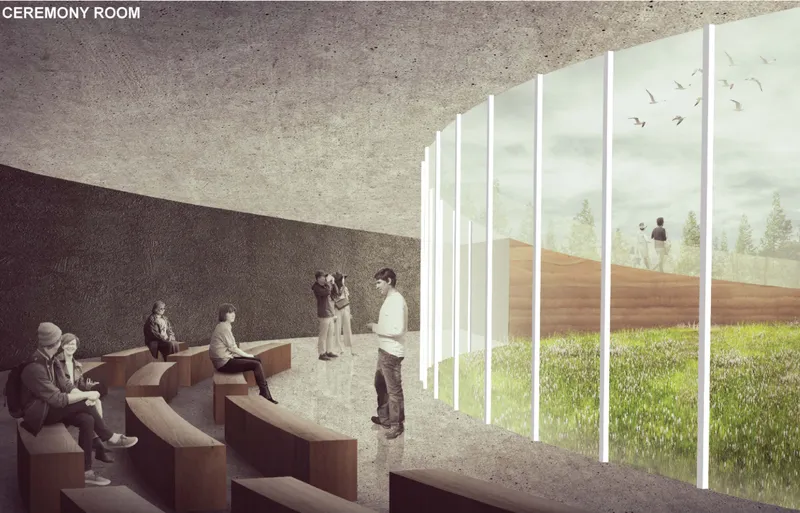 Interior ceremony space with stepped timber seating and tall glazing framing the landscape beyond