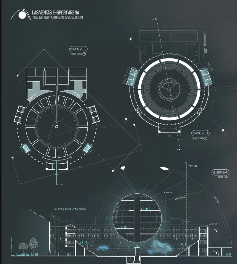 Plan and section drawings depicting circular volumes with radial seating arranged around a central core