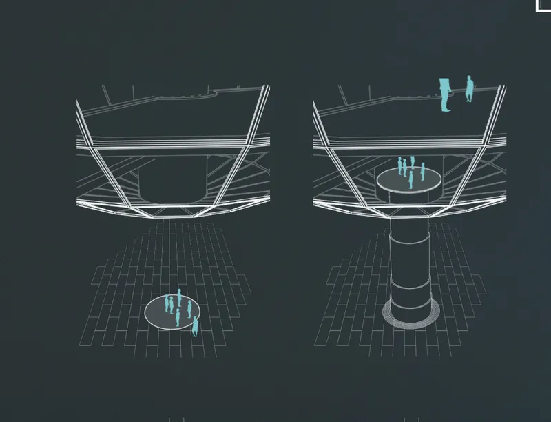 Axonometric diagram showing retractable platform configurations with figures at ground and elevated levels