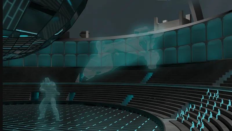 Interior rendering of tiered seating with holographic projections illuminating the stepped arena floor at night