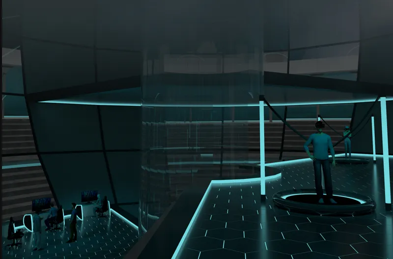 Interior view of illuminated walkways with cyan edge lighting and a figure standing in the dimly lit space