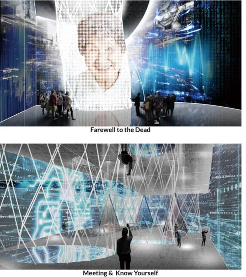 Rendering of an exhibition hall with translucent screens showing projected faces and visitors moving through the space