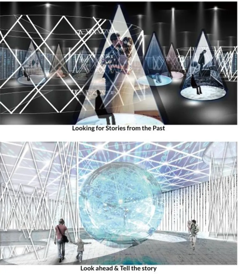 Installation rendering with triangular projection surfaces and visitors standing on circular platforms in a darkened room