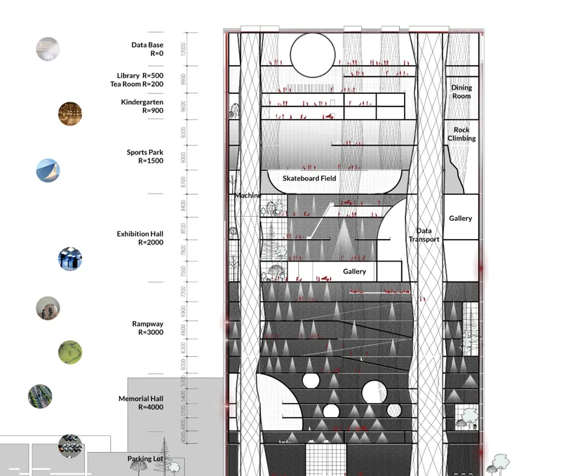Section drawing showing stacked program levels including skateboard field, galleries, and memorial hall with diagonal lattice structure