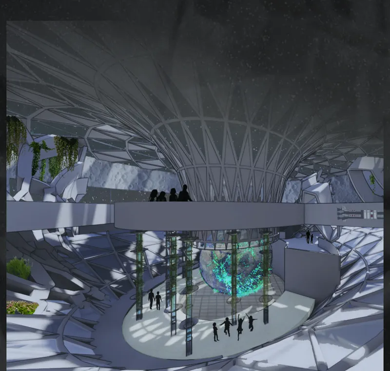 Rendered interior view of a multi-level atrium with radiating structural ribs and visitors gathering around a central circular feature