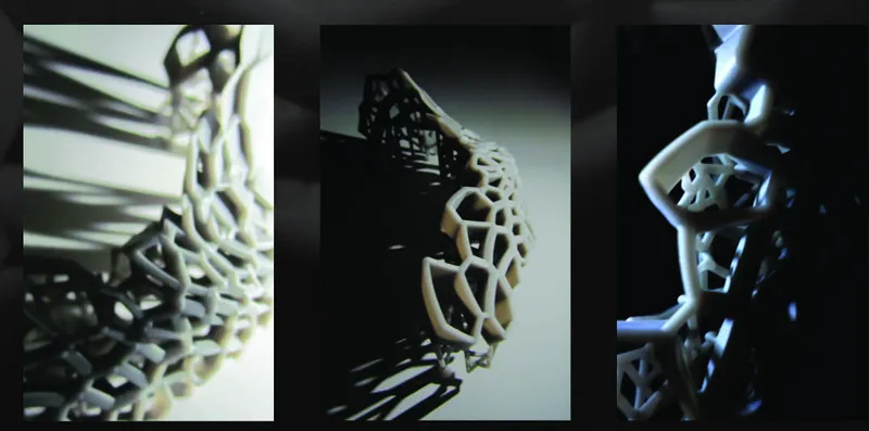 Three views of a cellular structural component with organic perforated geometry under varied lighting conditions
