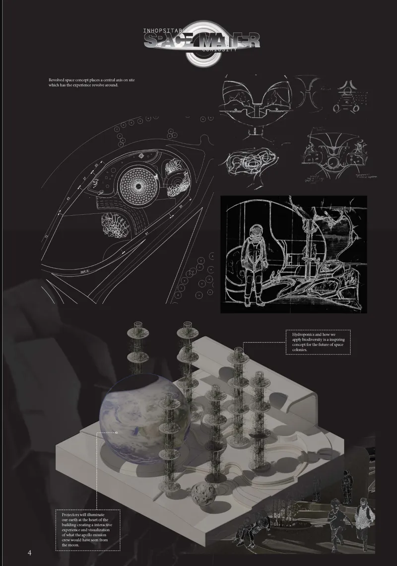 Presentation board with plan drawings, sections, and an axonometric model showing vertical tower elements on a site