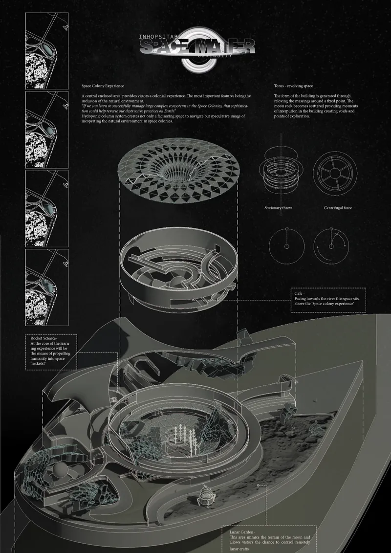 Exploded axonometric drawing showing circular spatial components and technical diagrams with annotations on black background