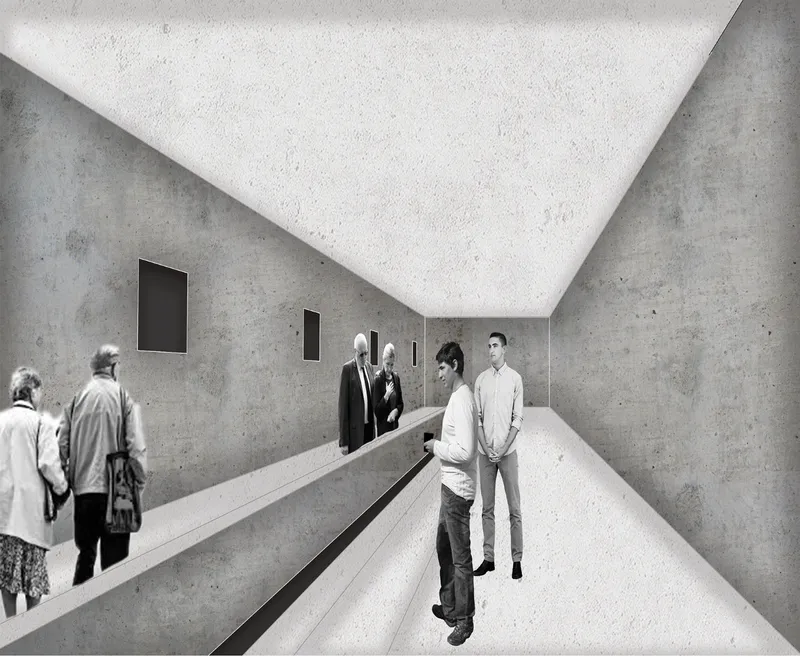 Interior perspective of a concrete corridor with tiered seating and visitors standing along the ledge