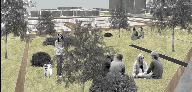 Rendered view of a grass-covered roof garden with visitors, trees, and a dog beneath an overcast sky