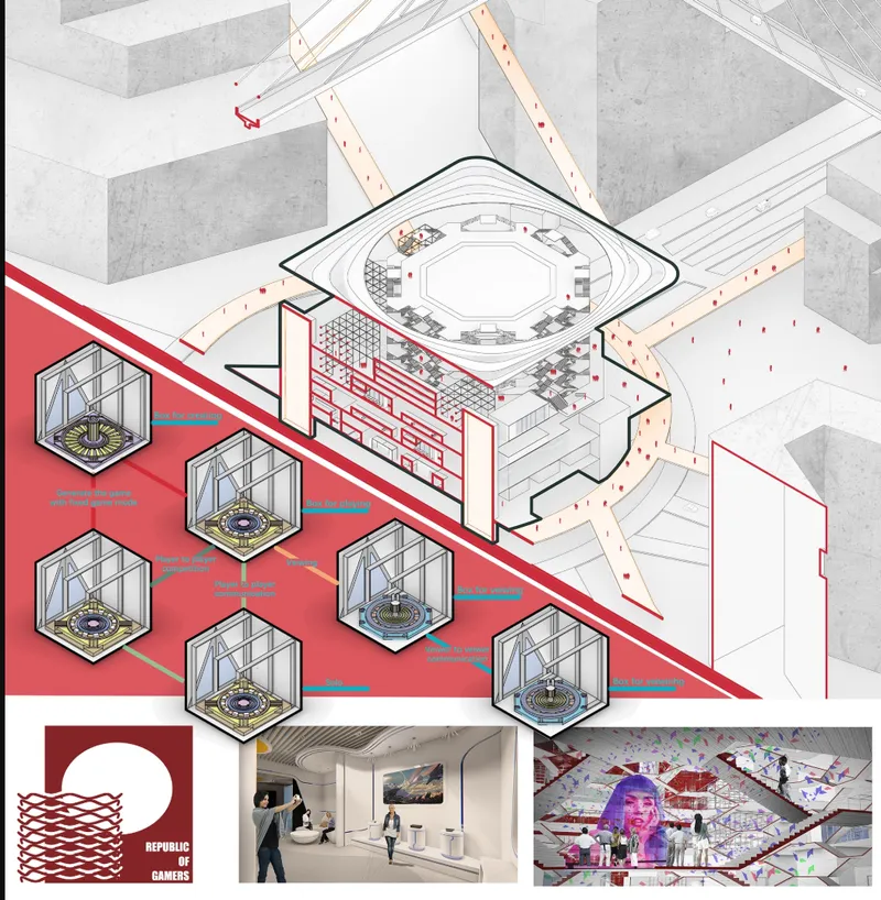 Axonometric drawing showing an octagonal arena with underground hexagonal chambers connected by red circulation bands