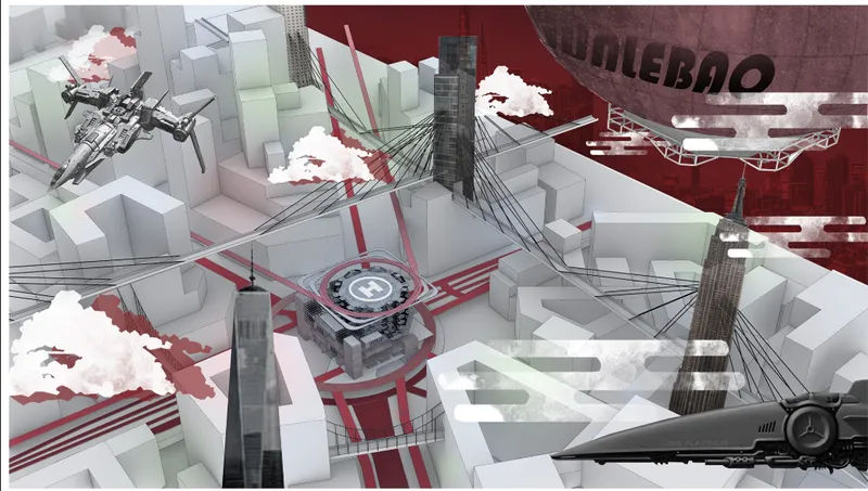 Aerial rendering of a central arena structure with red circulation paths radiating through surrounding urban blocks