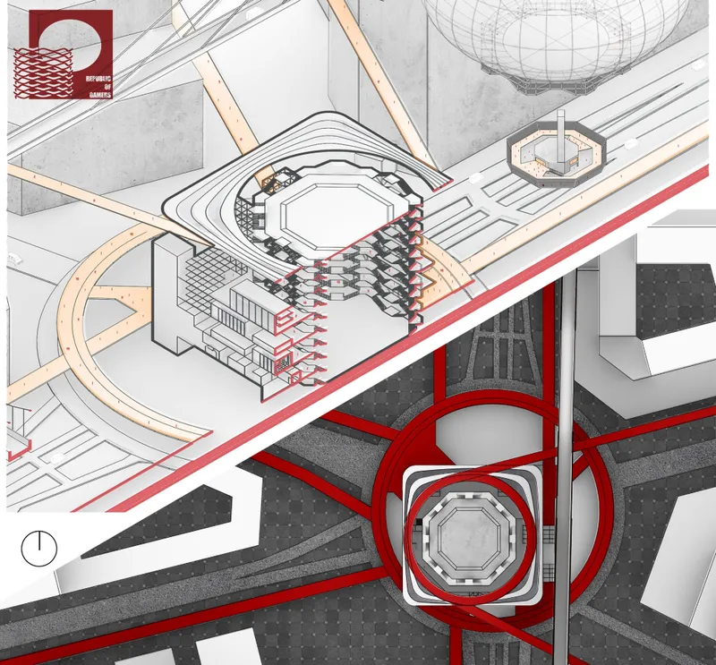 Sectional axonometric drawing revealing multilevel spaces beneath an octagonal volume with red structural highlights