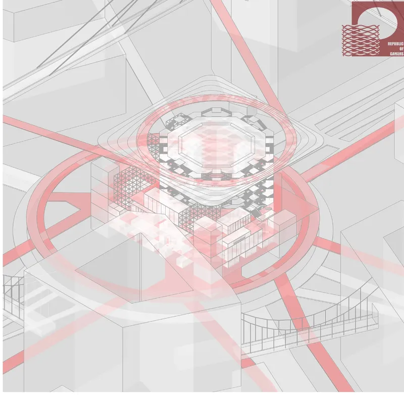 Isometric drawing depicting transparent layered circulation routes wrapping around a central octagonal core