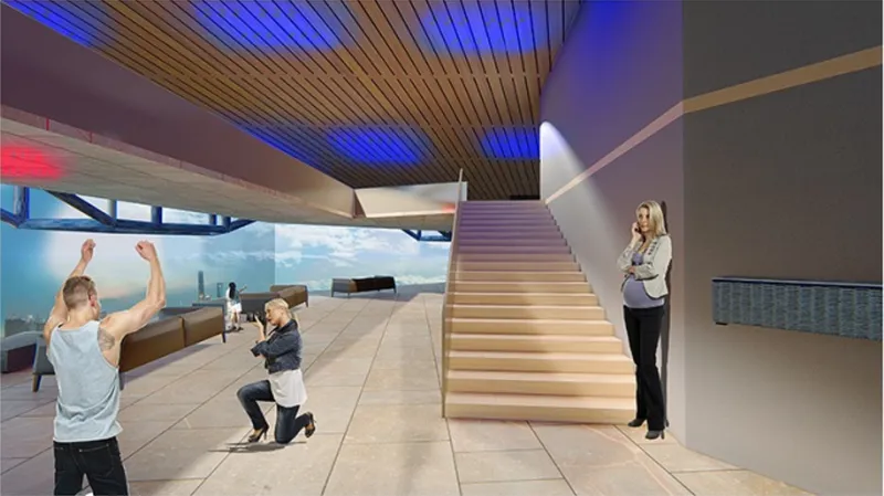 Interior rendering of timber slatted ceiling with blue uplighting above a staircase and three figures